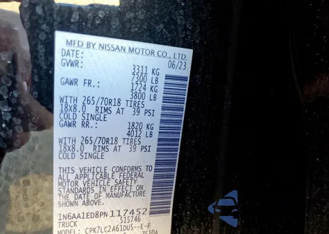 2023 Nissan Titan Sv z USA, uszkodzony, nr VIN 1N6AA1ED8PN117452